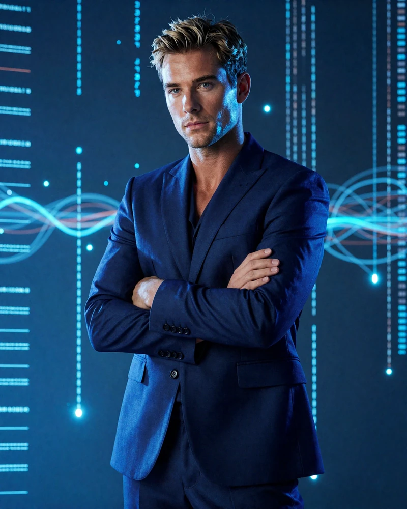 Premium Model in dunkelblauem Anzug mit neonblauen Lichtreflexen vor abstrakten digitalen Datenlinien im Casea Casino Spiele-Hero-Bereich