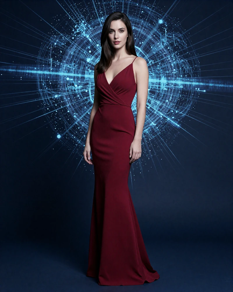 Premium Model in tiefrotem Abendkleid mit eleganten Pose vor abstrakten blauen digitalen Partikeln im Casea Casino Live Casino Hero-Bereich
