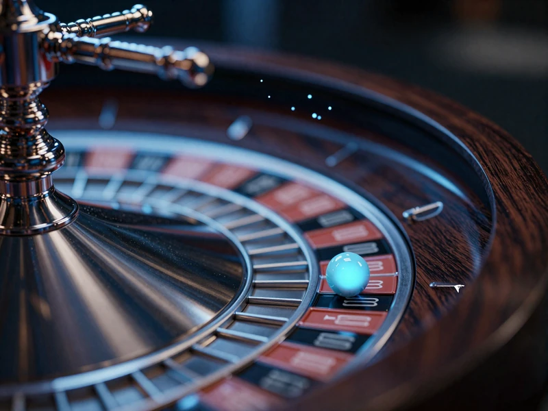 Detailaufnahme eines Roulette-Rads mit leuchtend blauer Kugel auf poliertem Holz und Chrom im Casea Casino Tischspiel-Bereich